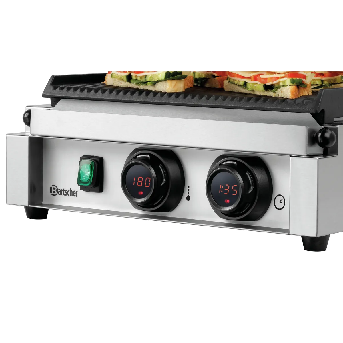 Bartscher A150974 Kontaktgrill Panini MDI Ansicht Bedienfeld nah mit Essen