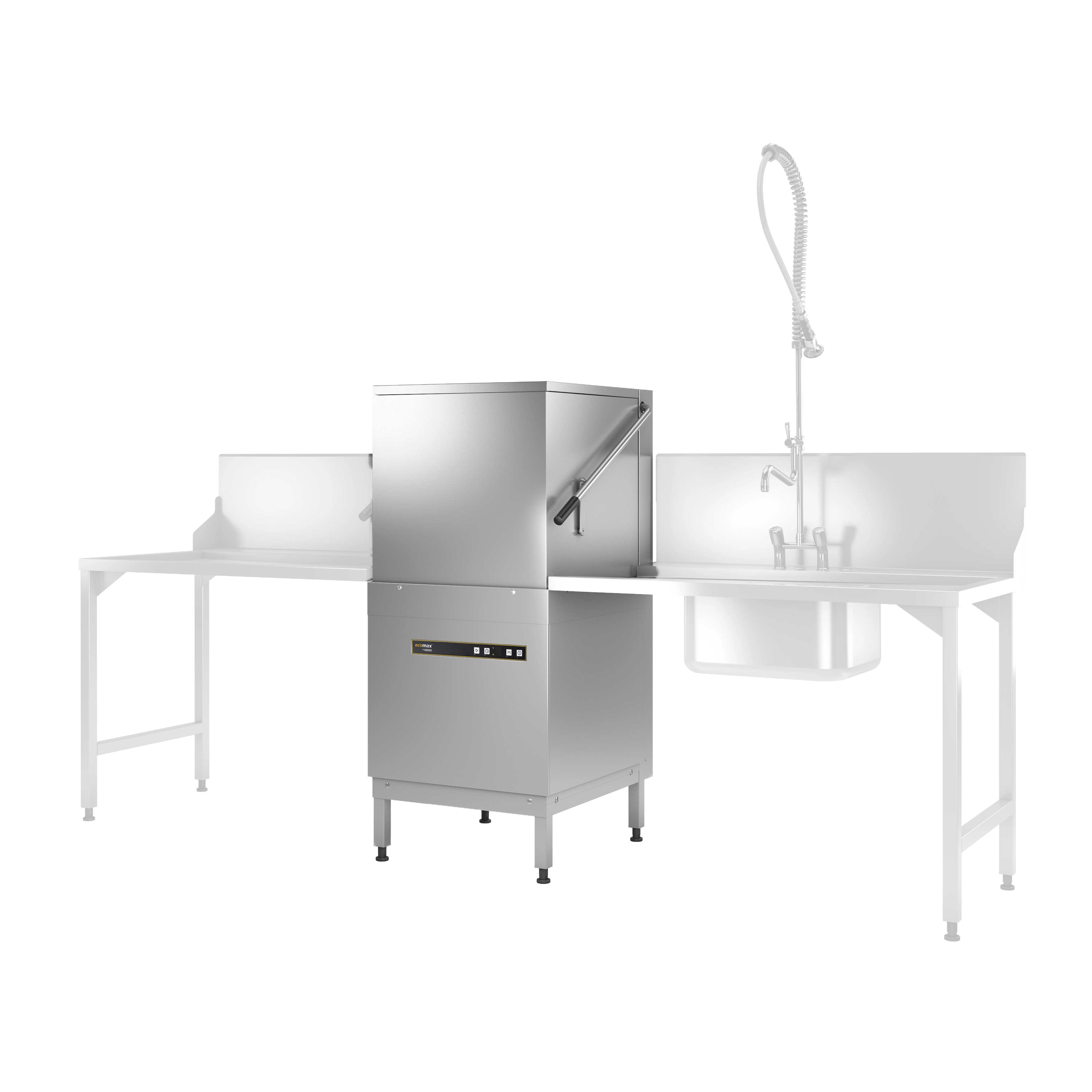 Exomax H604 Haubenspuelmaschine geschlossen mit seitlichen Tischen und Brausearmatur